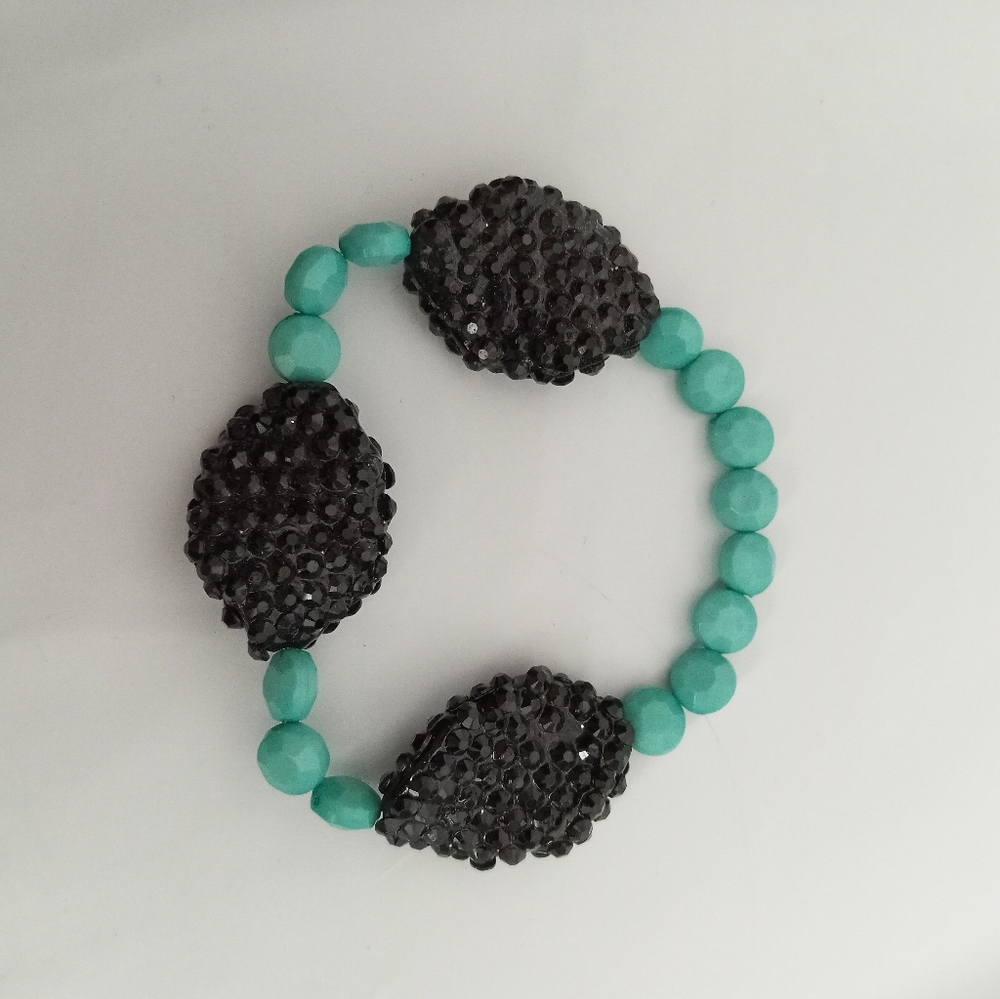 Hand crafted Aqua crystal iridescent beaded stretch black statement bracelet